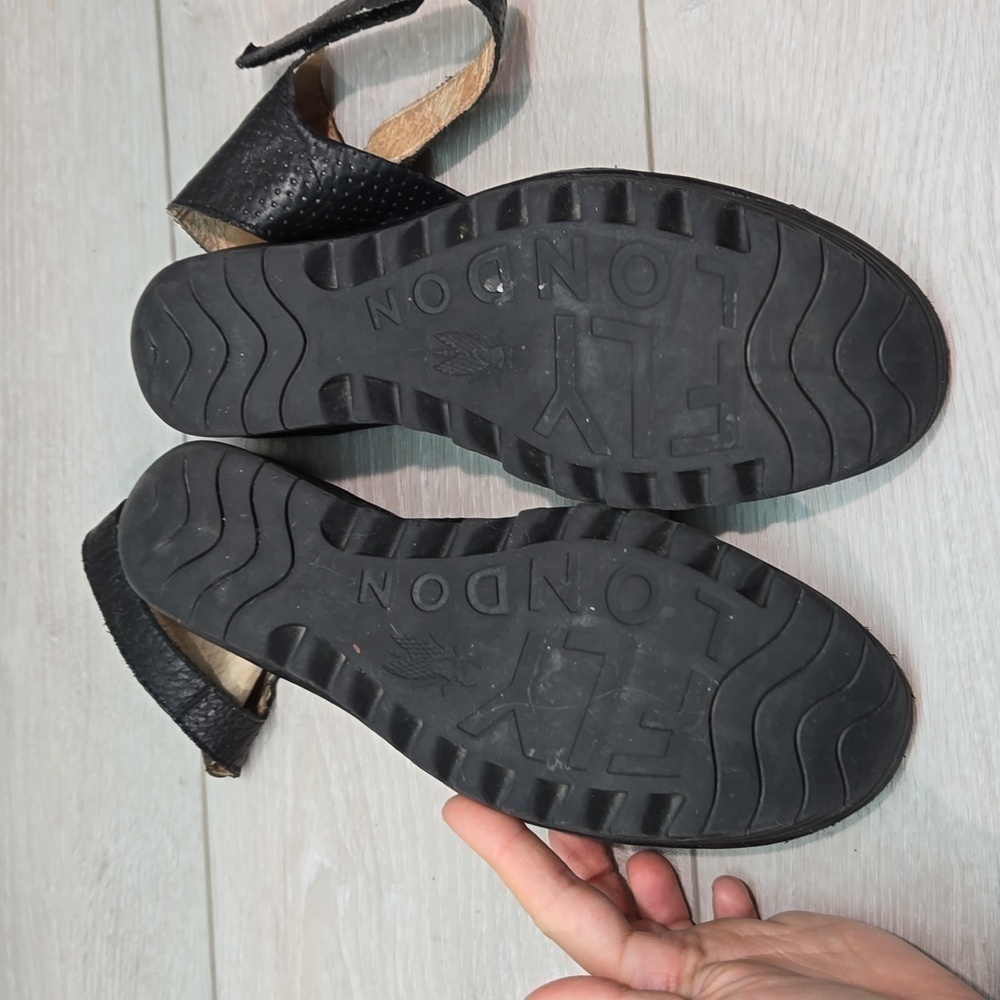 Fly London Black Perforated Peep-Toe Wedge Sandals - Picture 13 of 16